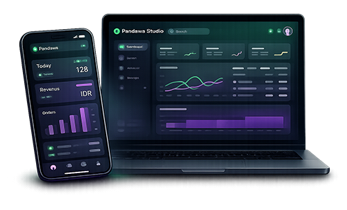 Pandawa Studio UI mockup (phone & laptop)